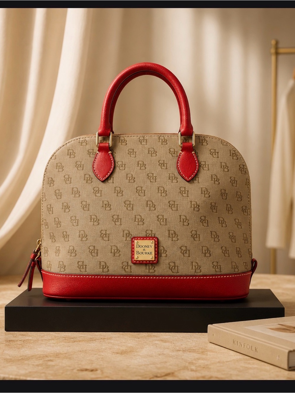 Dooney & Bourke Beige Logo Satchel with Red Trim EUC love this bag